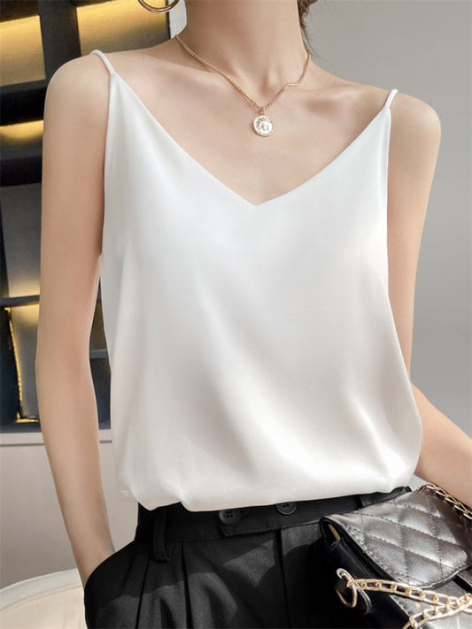 Hattie Satin V-Neck Camisole Bottoming Shirt Sexy Outerwear Summer Short Silk