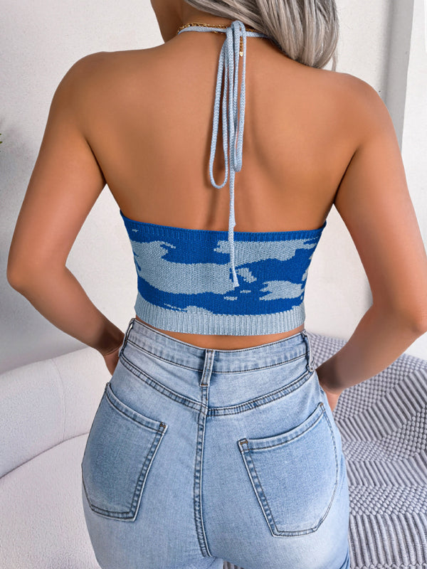 Ellie Women's Sexy Cow Pattern Waist Sling Cropped Knitted Sweater