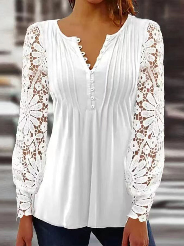 Afton Fashion New Women's Lace Sleeves Pleated Solid Color Button T-Shirt Bottoming Shirt