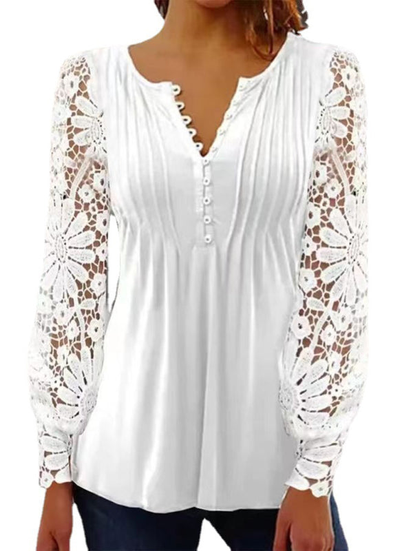 Afton Fashion New Women's Lace Sleeves Pleated Solid Color Button T-Shirt Bottoming Shirt