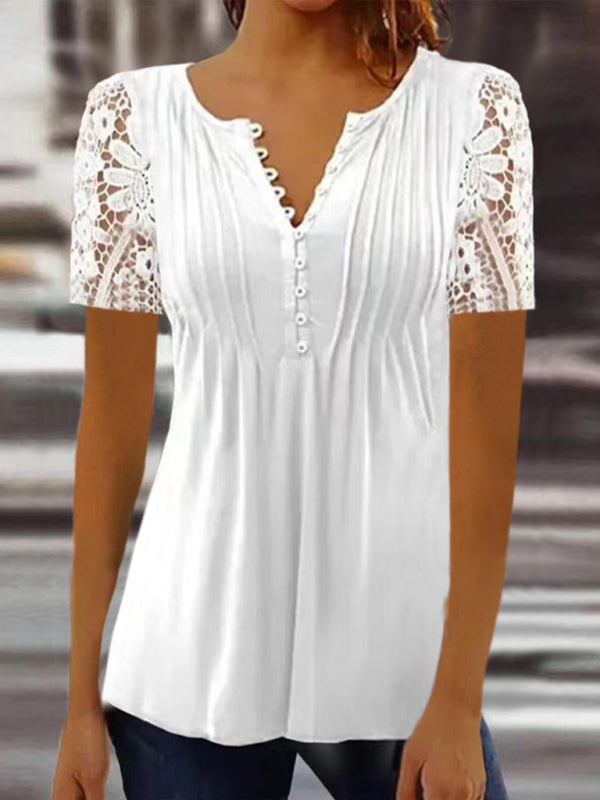 Afton Fashion New Women's Lace Sleeves Pleated Solid Color Button T-Shirt Bottoming Shirt