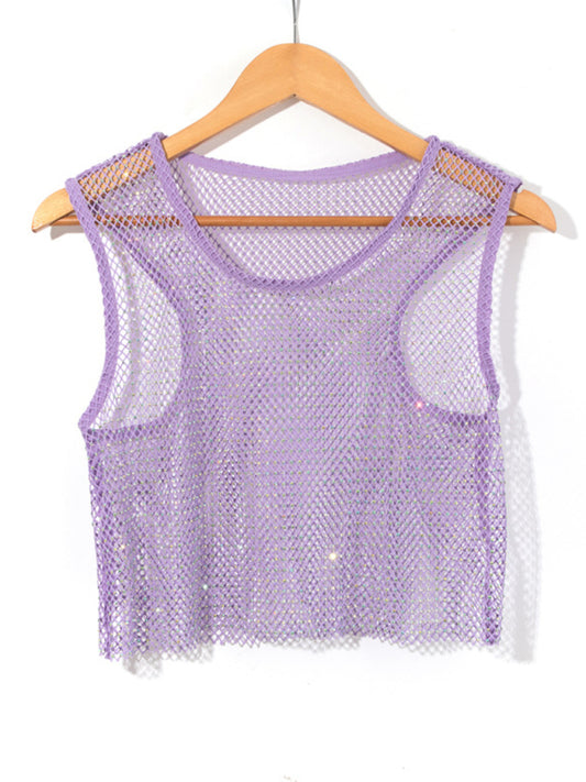 Gretta Sexy Mesh Flash Diamond Fishnet Vest Nightclub Perspective Hot Girl T-Shirt Top