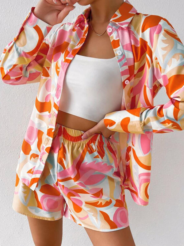 Bonnie Women's Printed Casual Long-sleeved Shirt + Shorts Two-piece Suit