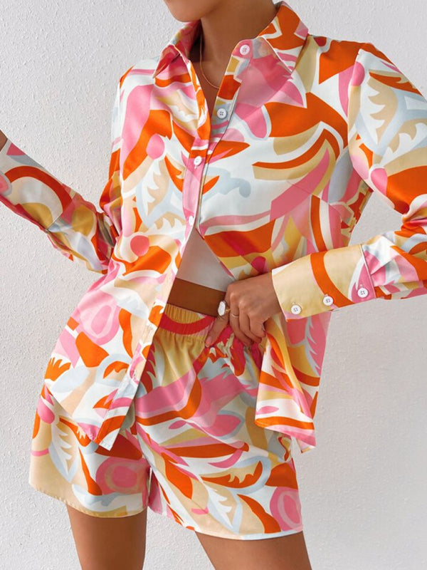 Bonnie Women's Printed Casual Long-sleeved Shirt + Shorts Two-piece Suit