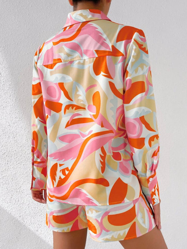 Bonnie Women's Printed Casual Long-sleeved Shirt + Shorts Two-piece Suit