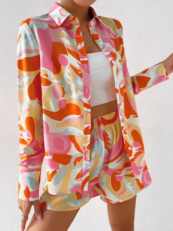 Bonnie Women's Printed Casual Long-sleeved Shirt + Shorts Two-piece Suit