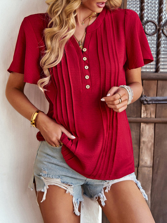 Sonal Women's Solid Color V Neck Casual Short Sleeve Top