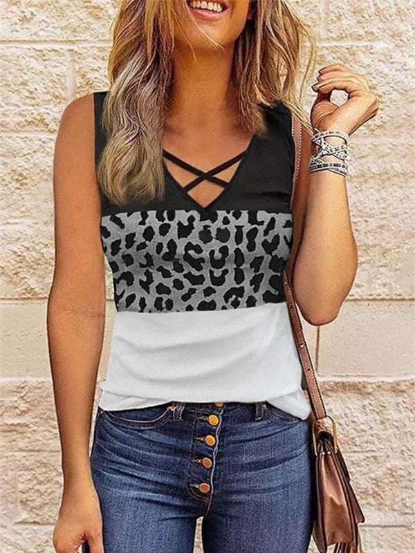 Galina New Women's Leopard Stitching V-Neck Top