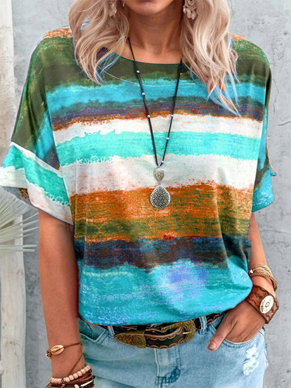 Kelly New Summer European And American Gradient Contrast Color Women's Short-Sleeved T-Shirt