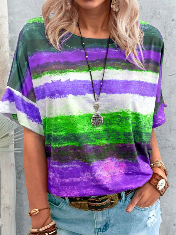 Kelly New Summer European And American Gradient Contrast Color Women's Short-Sleeved T-Shirt