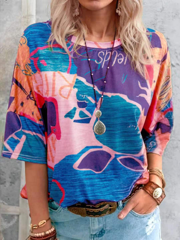 Kelly New Summer European And American Gradient Contrast Color Women's Short-Sleeved T-Shirt