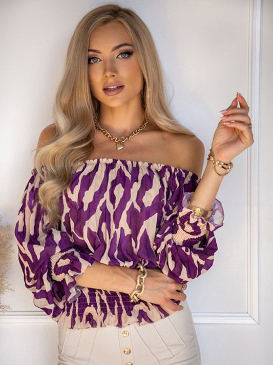 Annora Women's Printed Off Shoulder Loose Short Sleeve Top