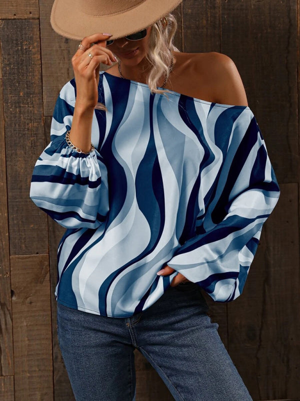 Annalise Women's Alphabet Print One Shoulder Loose Balloon Sleeve Top