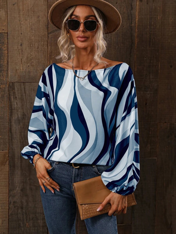 Annalise Women's Alphabet Print One Shoulder Loose Balloon Sleeve Top