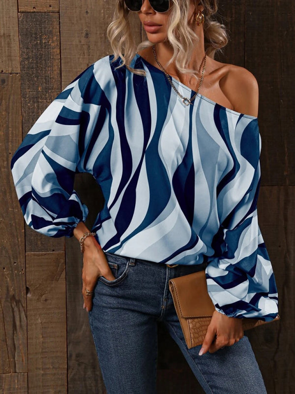 Annalise Women's Alphabet Print One Shoulder Loose Balloon Sleeve Top