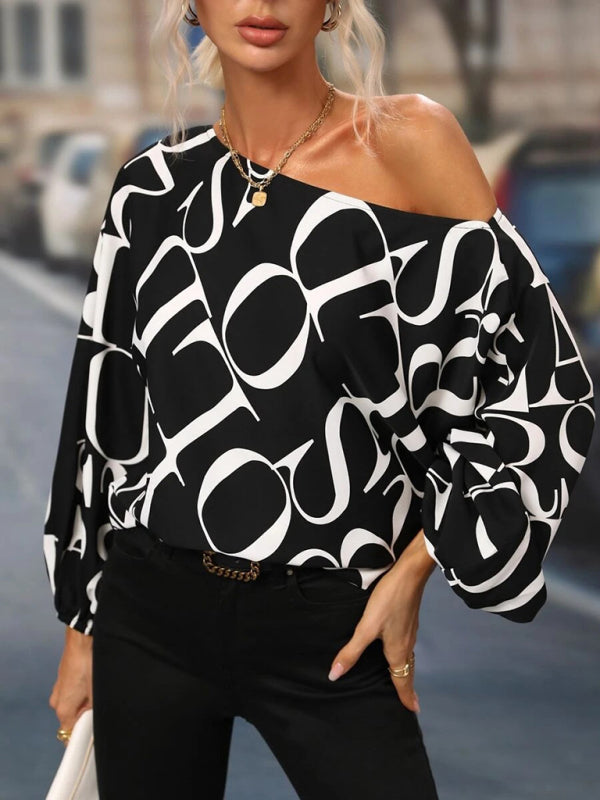 Annalise Women's Alphabet Print One Shoulder Loose Balloon Sleeve Top