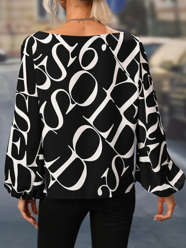 Annalise Women's Alphabet Print One Shoulder Loose Balloon Sleeve Top