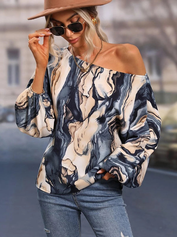 Annalise Women's Alphabet Print One Shoulder Loose Balloon Sleeve Top