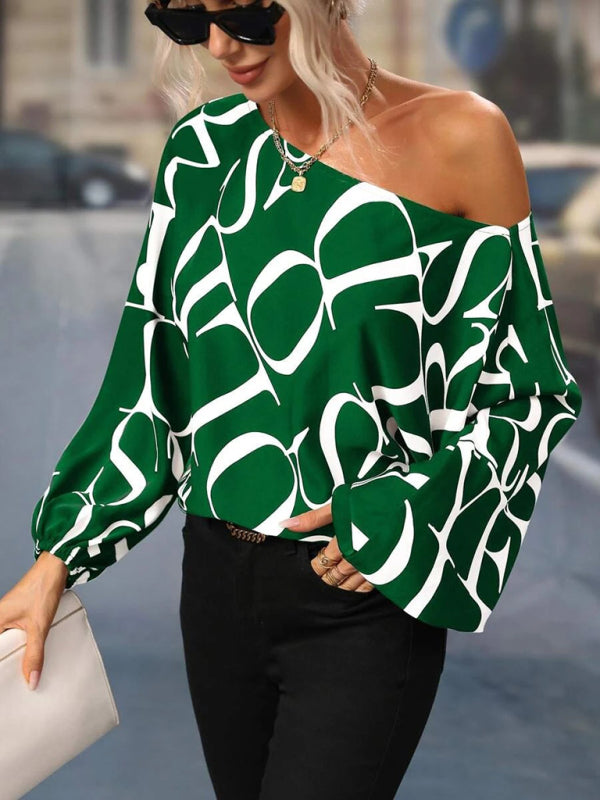 Annalise Women's Alphabet Print One Shoulder Loose Balloon Sleeve Top