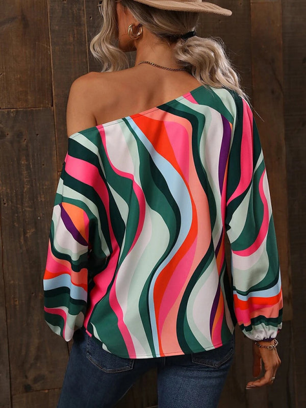 Annalise Women's Alphabet Print One Shoulder Loose Balloon Sleeve Top