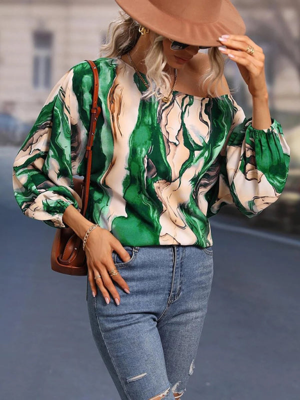 Annalise Women's Alphabet Print One Shoulder Loose Balloon Sleeve Top
