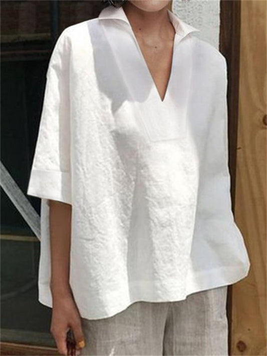 Annabeth Women's V-Neck Cotton And Linen Solid Color Loose Sleeve Shirt