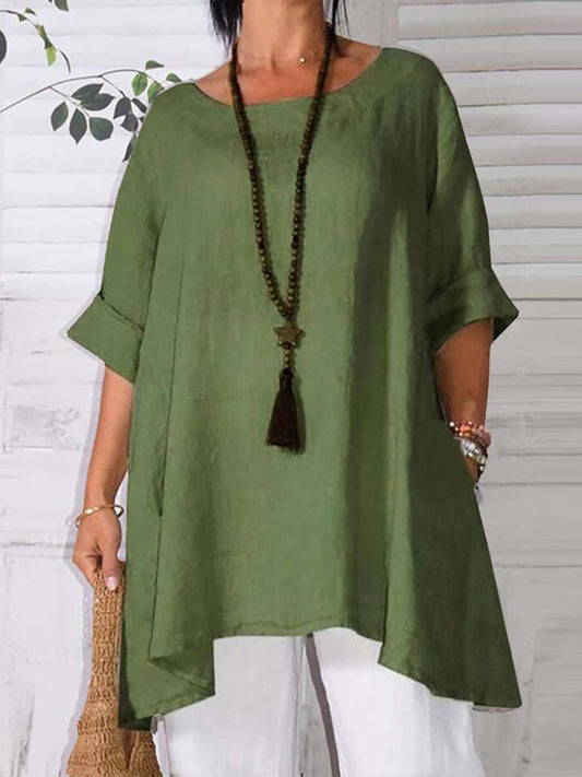 Anika Women's Round Neck Asymmetric Hem Solid Short Sleeve Shirt