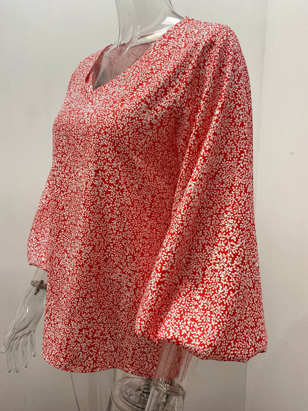 Antheia V-Neck Casual Shirt Printed Lantern Sleeve Top Women's Clothing
