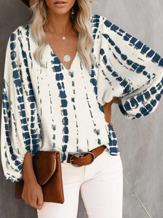 Antheia V-Neck Casual Shirt Printed Lantern Sleeve Top Women's Clothing