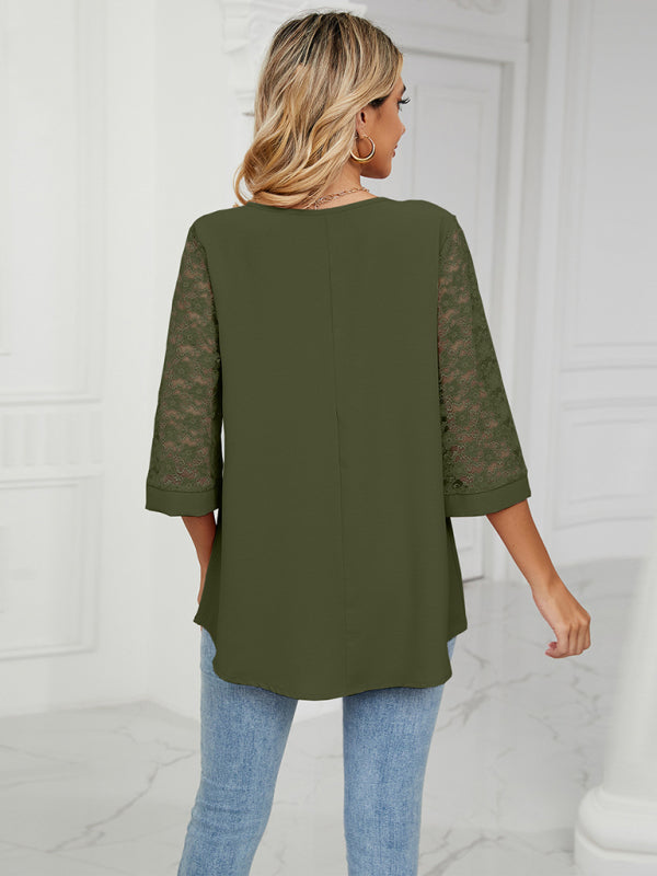 Amira Spring And Summer New Loose V-Neck Seven-Point Lace Trumpet Sleeve Stitching Chiffon Shirt