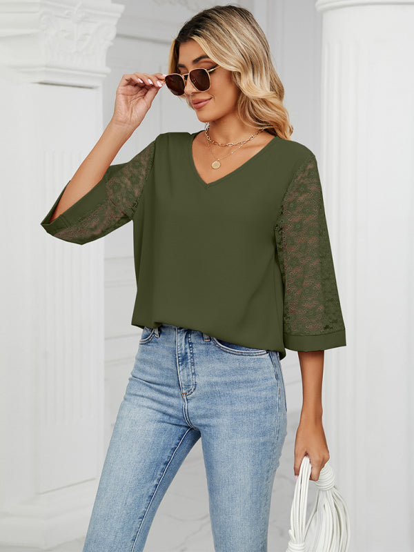 Amira Spring And Summer New Loose V-Neck Seven-Point Lace Trumpet Sleeve Stitching Chiffon Shirt