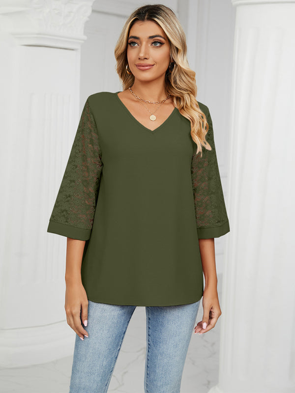 Amira Spring And Summer New Loose V-Neck Seven-Point Lace Trumpet Sleeve Stitching Chiffon Shirt