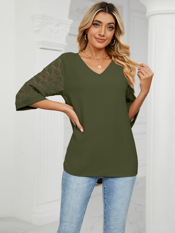 Amira Spring And Summer New Loose V-Neck Seven-Point Lace Trumpet Sleeve Stitching Chiffon Shirt