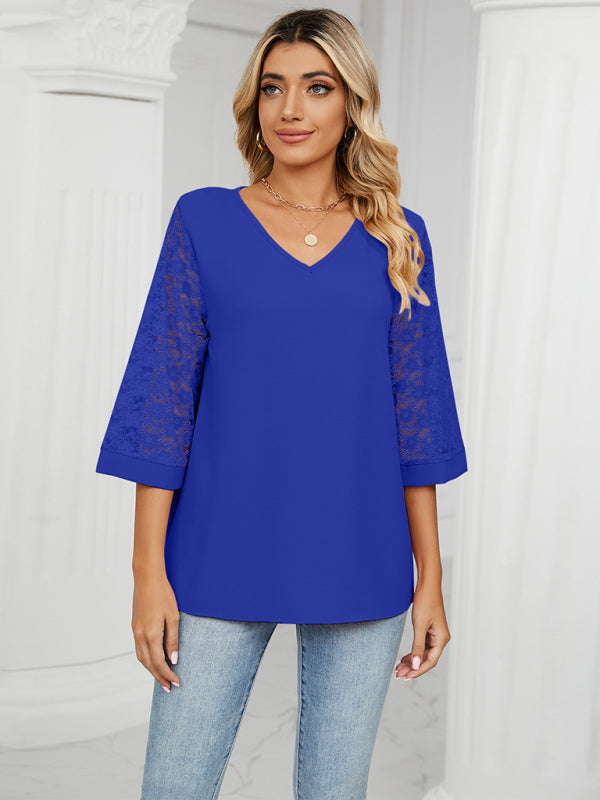 Amira Spring And Summer New Loose V-Neck Seven-Point Lace Trumpet Sleeve Stitching Chiffon Shirt