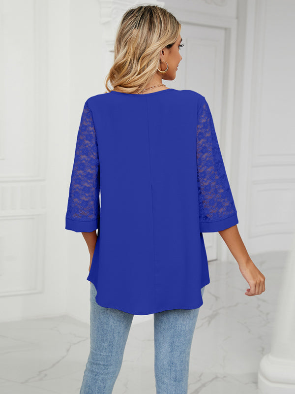 Amira Spring And Summer New Loose V-Neck Seven-Point Lace Trumpet Sleeve Stitching Chiffon Shirt