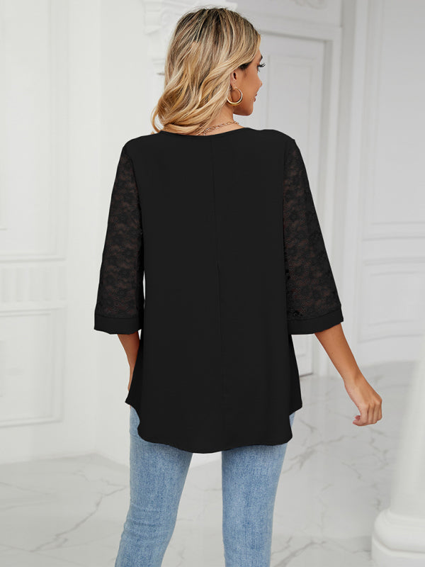 Amira Spring And Summer New Loose V-Neck Seven-Point Lace Trumpet Sleeve Stitching Chiffon Shirt