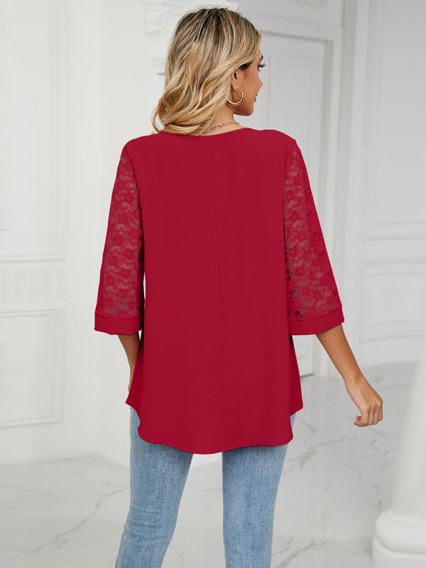 Amira Spring And Summer New Loose V-Neck Seven-Point Lace Trumpet Sleeve Stitching Chiffon Shirt