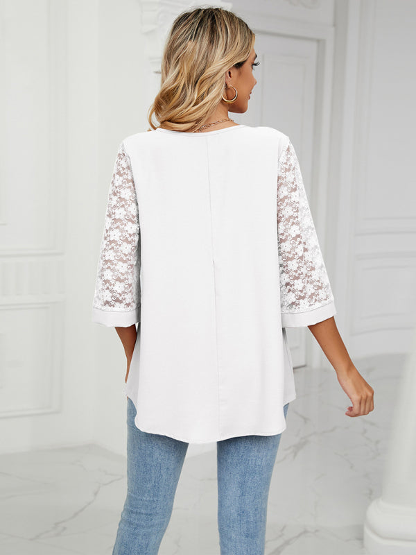 Amira Spring And Summer New Loose V-Neck Seven-Point Lace Trumpet Sleeve Stitching Chiffon Shirt