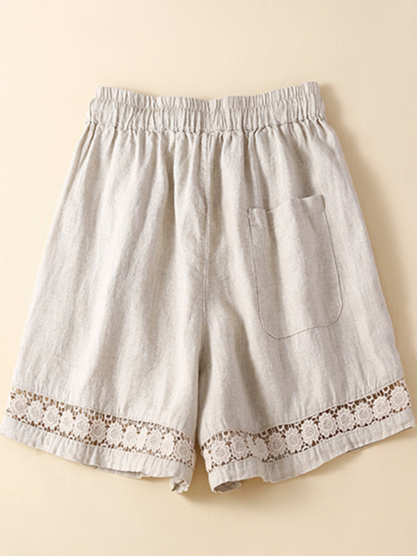 Mary Women's Woven Cotton Linen Hollow Lace Loose Shorts