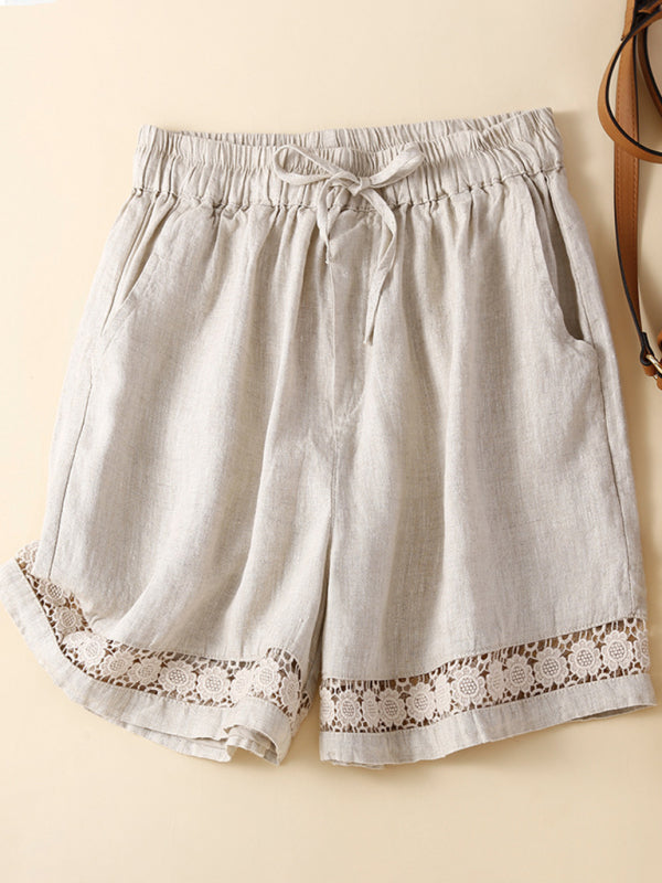 Mary Women's Woven Cotton Linen Hollow Lace Loose Shorts
