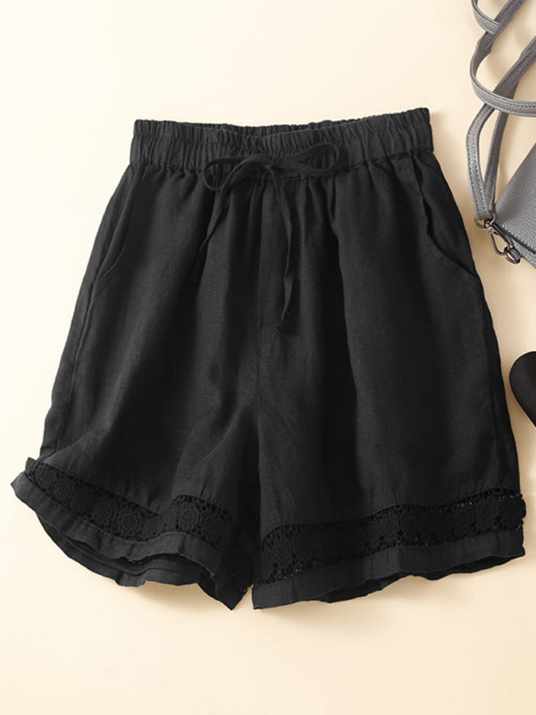Mary Women's Woven Cotton Linen Hollow Lace Loose Shorts