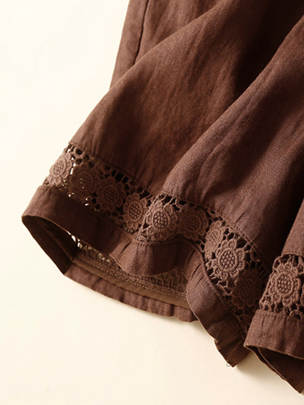 Mary Women's Woven Cotton Linen Hollow Lace Loose Shorts