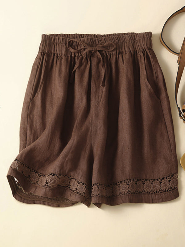 Mary Women's Woven Cotton Linen Hollow Lace Loose Shorts
