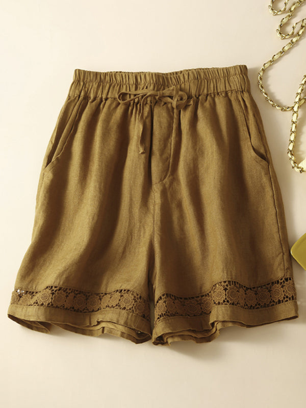 Mary Women's Woven Cotton Linen Hollow Lace Loose Shorts