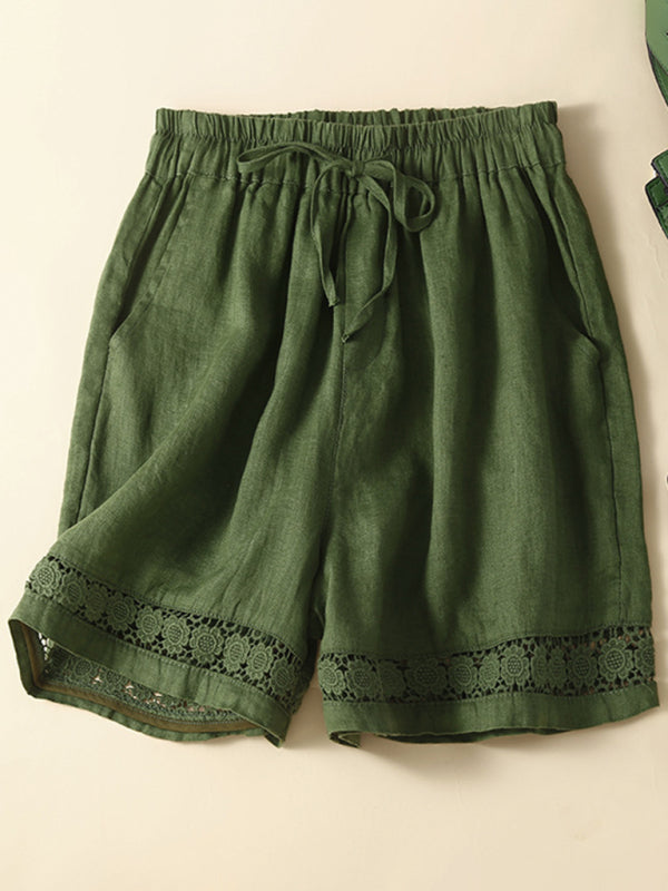Mary Women's Woven Cotton Linen Hollow Lace Loose Shorts