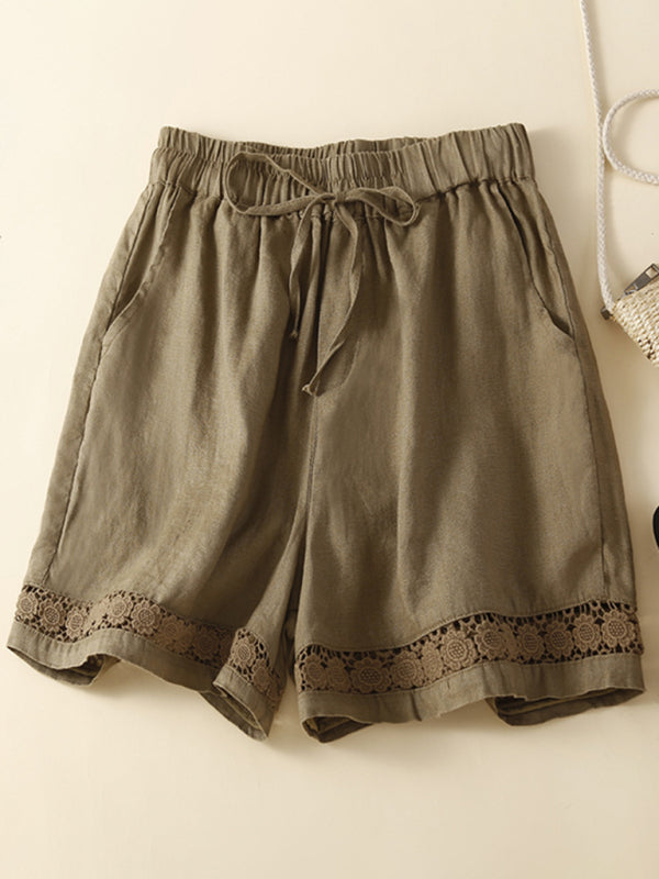 Mary Women's Woven Cotton Linen Hollow Lace Loose Shorts
