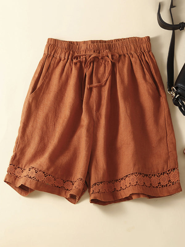 Mary Women's Woven Cotton Linen Hollow Lace Loose Shorts