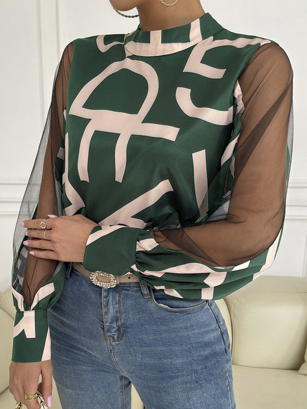 Amarissa Women's Geometric Print Stitching Mesh Round Neck Long-Sleeved Top