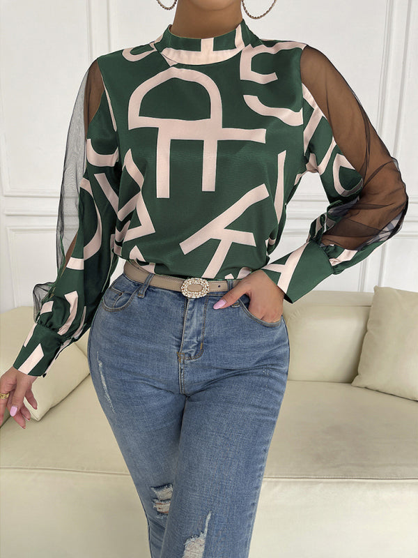 Amarissa Women's Geometric Print Stitching Mesh Round Neck Long-Sleeved Top