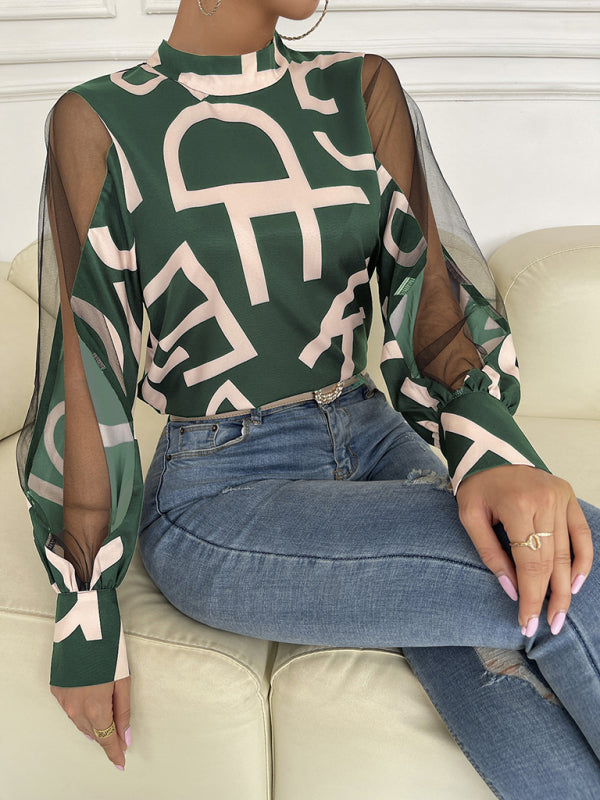 Amarissa Women's Geometric Print Stitching Mesh Round Neck Long-Sleeved Top